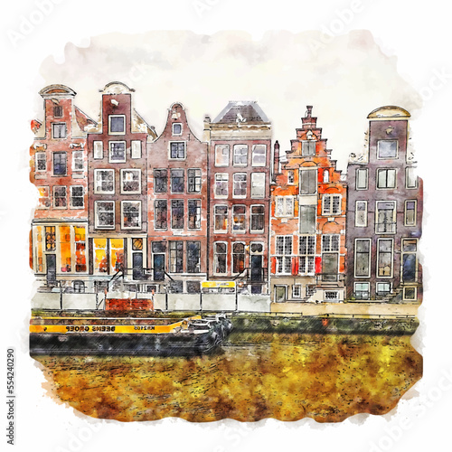 Amsterdam Netherlands Watercolor Sketch Travel Souvenir Sticker Hand Drawn Portrait Poster Artwork Painting Illustration Graphic Vector EPS