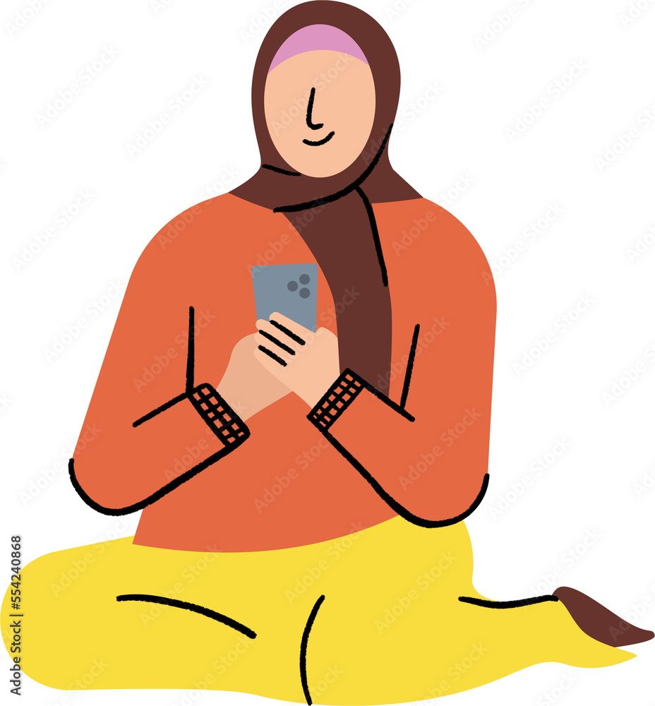 Obraz premium Asian Hijab Woman Sit and hold Smartphone