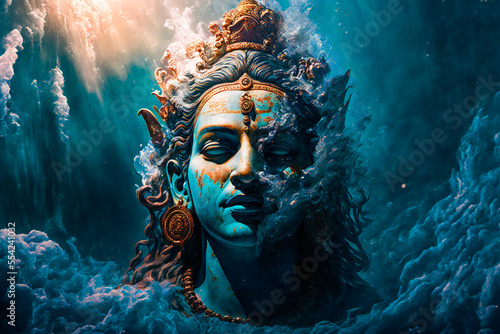  Lord Krishna Underwater. Happy Janmashtami holiday Indian festival greeting background. Image created with Generative AI technology.