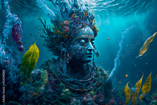  Lord Krishna Underwater.  Happy Janmashtami holiday Indian festival greeting background.  Image created with Generative AI technology. © EwaStudio