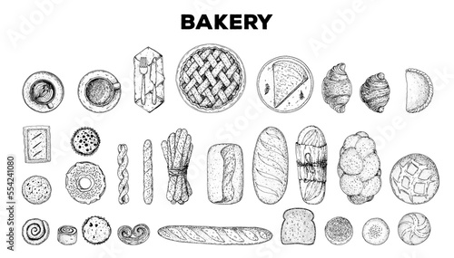 Bakery sketch set. Bakery collection. Hand drawn sketch with bread, pastry, sweet. Bakery set vector illustration. Hand drawn elements for design. Engraved food image