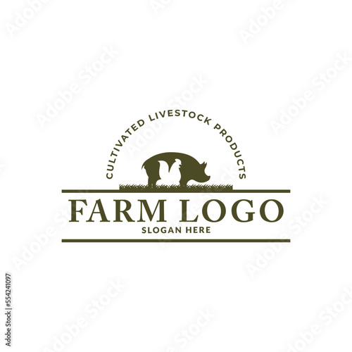 Vector illustration with cow, pig,horse,  goat,rabbit and chicken Farm pattern with farm animals and leaves. Green logo for agricultural company.