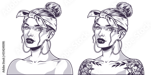 Young cheeky girl emblem monochrome