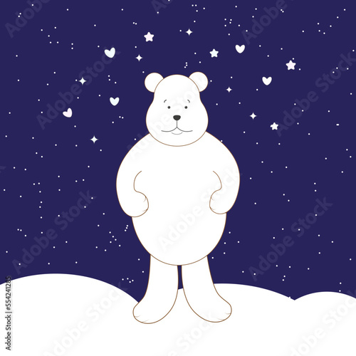 A white bear cub on a dark blue background in snowdrifts and against the background of snowfall, decorated with white hearts, stars. Vector illustration
