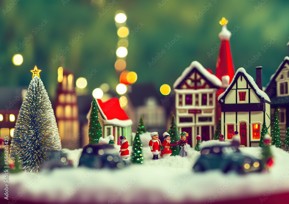 Obraz premium Miniature Christmas town. Digital illustration. Generative AI.