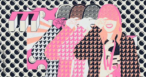 Fashion minimal illustration. Stylish urban girl and creative pattern design