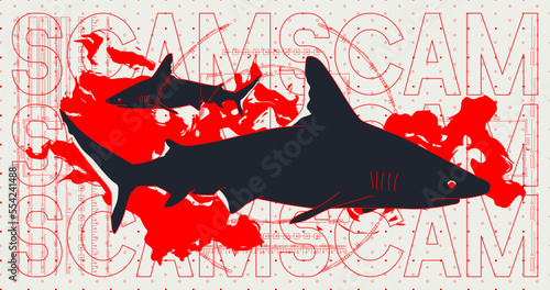 Fashion minimal illustration. shark and text scam. Trendy trippy colors design