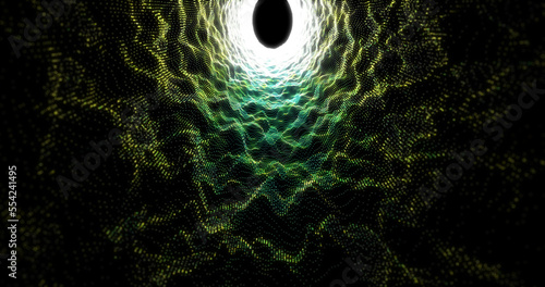 Dark glowing green bright shiny tunnel energy pulsing from particles and lines background abstract