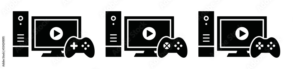 Video game set icon. Game console icon. Monitor and joystick icon, vector illustration Video game set icon. Game console icon. Monitor and joystick icon, vector illustration