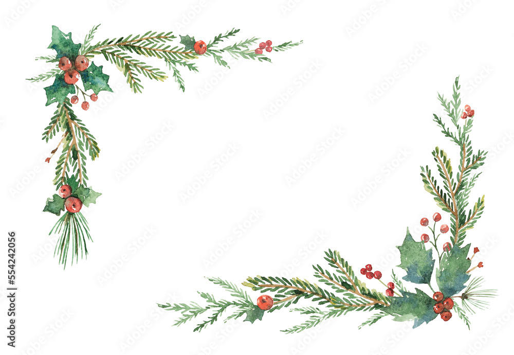 Watercolor Christmas with fir branches and place for text. Illustration ...