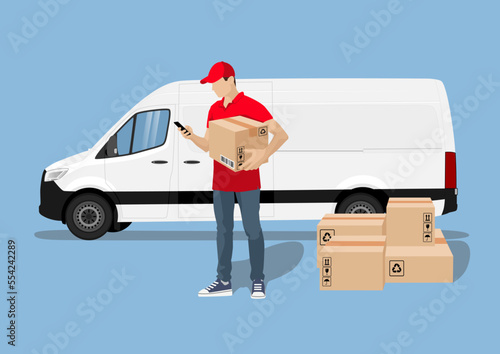 Illustration of a courier standing with a phone and a parcel in his hand, on the background of a van and boxes. Courier delivering an order