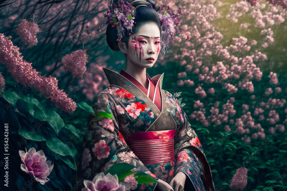 Geisha in an intricate kimono, sakura garden background. Young pretty