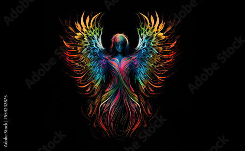 Colorful fantasy angel figure on black background. Angelic silhouette with glowing wings. Generative AI illustration of holographic guardian angel with rainbow wings. Christmas greeting card.