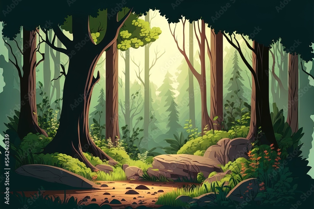 The background is a cartoon forest with a panorama of deciduous trees