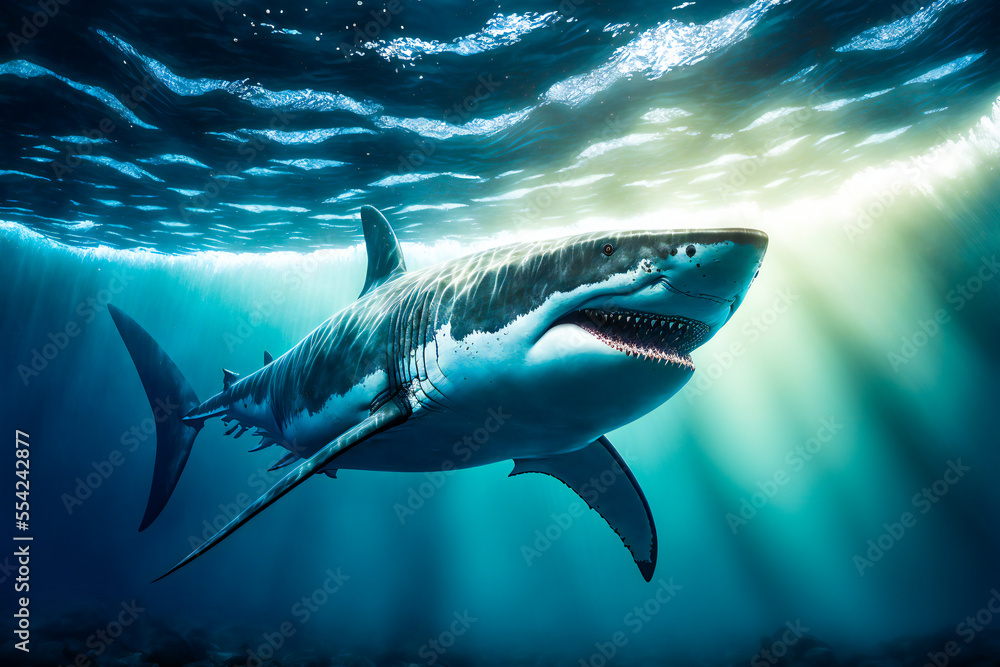 Fototapeta premium Great White Shark Underwater. Image created with Generative AI technology.