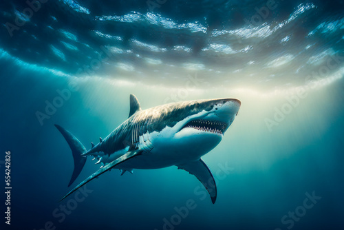 Great White Shark Underwater.  Image created with Generative AI technology. © EwaStudio