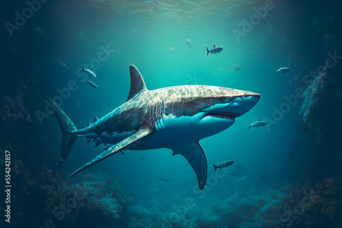 Great White Shark Underwater.  Image created with Generative AI technology. © EwaStudio