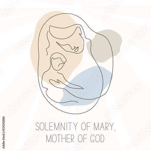 Solemnity of the Blessed Virgin Mary, the Mother of God greeting concept. Image of a young woman with a baby in her arms, minimalist line art style.	