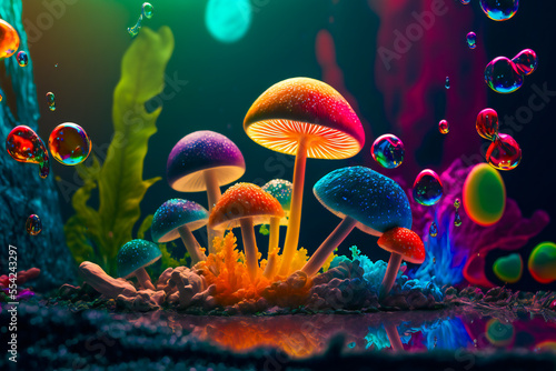 Psychedelic Decorative mushrooms. Image created with Generative AI technology.