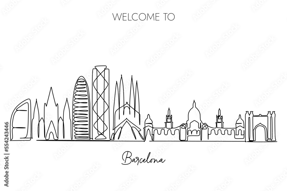 Barcelona skyline one continuous line drawing on white background, Hand drawn style design for travel and tourism illustration