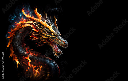 Fire dragon head on a black background. Generative AI Illistration of ancient dragon on black background. Dragons background. Place for text. photo