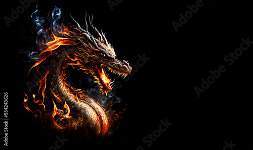 Fire dragon head on a black background. Generative AI Illistration of ancient dragon on black background. Dragons background. Place for text. photo