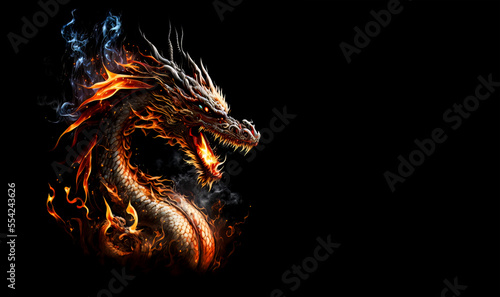 Fire dragon head on a black background. Generative AI Illistration of ancient dragon on black background. Dragons background. Place for text.