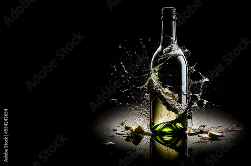 Bottle of white wine broken and spilled on the Floor on black background. Glass wine bottle shattered on black background. Alcoholism or bad luck concept. Generative AI illustration of broken bottle.