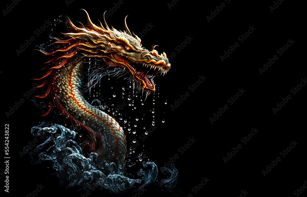 Chinese water dragon on a black background. Generative AI Illistration of ancient asian water dragon on black background. Dragons background. Place for text.