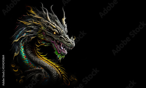 Rainbow dragon head on a black background. Generative AI Illistration of ancient dragon on black background. Dragons background. Place for text.