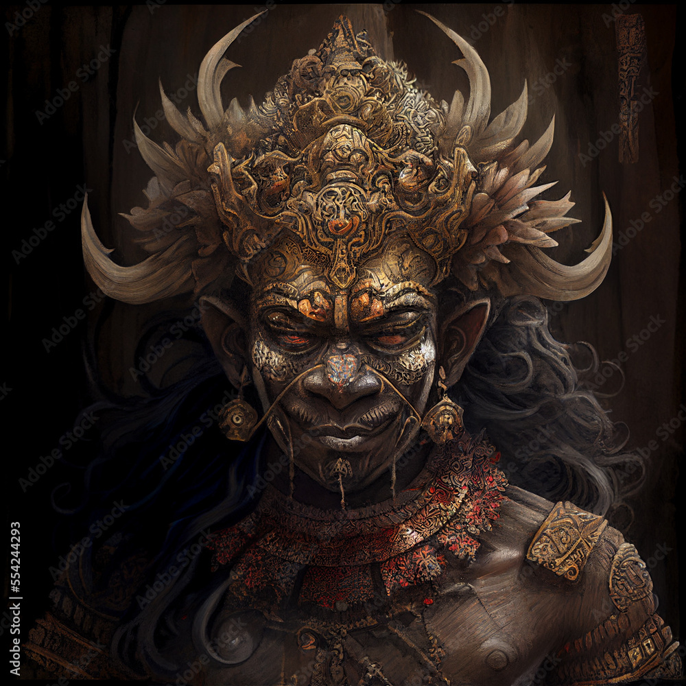 Portrait of a Balinese demonic god on a dark background. Traditional Art and Culture backgrounds generated by AI