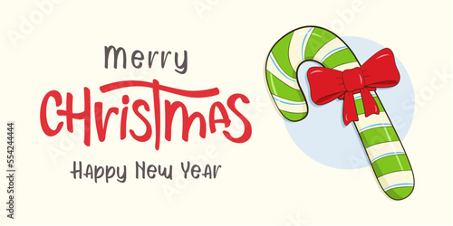 Christmas card with lettering Merry Christmas and Happy New Year. Candy cane with bow. Cartoon. Vector illustration