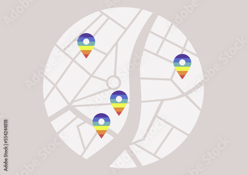 Gay friendly locations map marked with rainbow pins, safe space concept