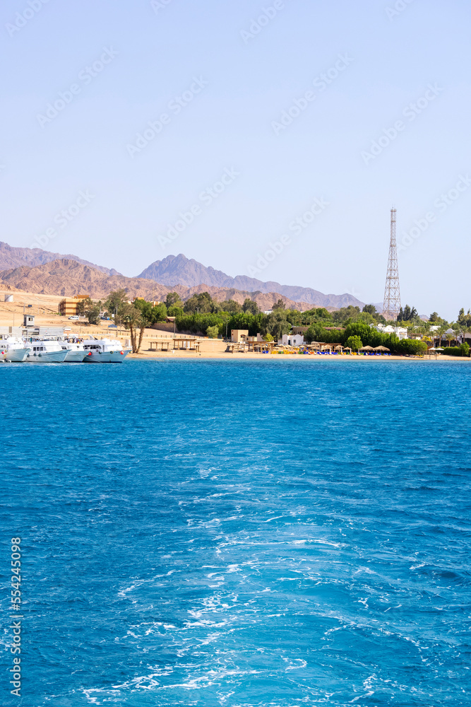 View of dive boats moored in the port, Dahab, Egypt
