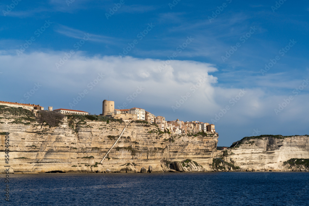 view of the steep cliffs and fortified town of Bonfacio on the south coast of Corsica