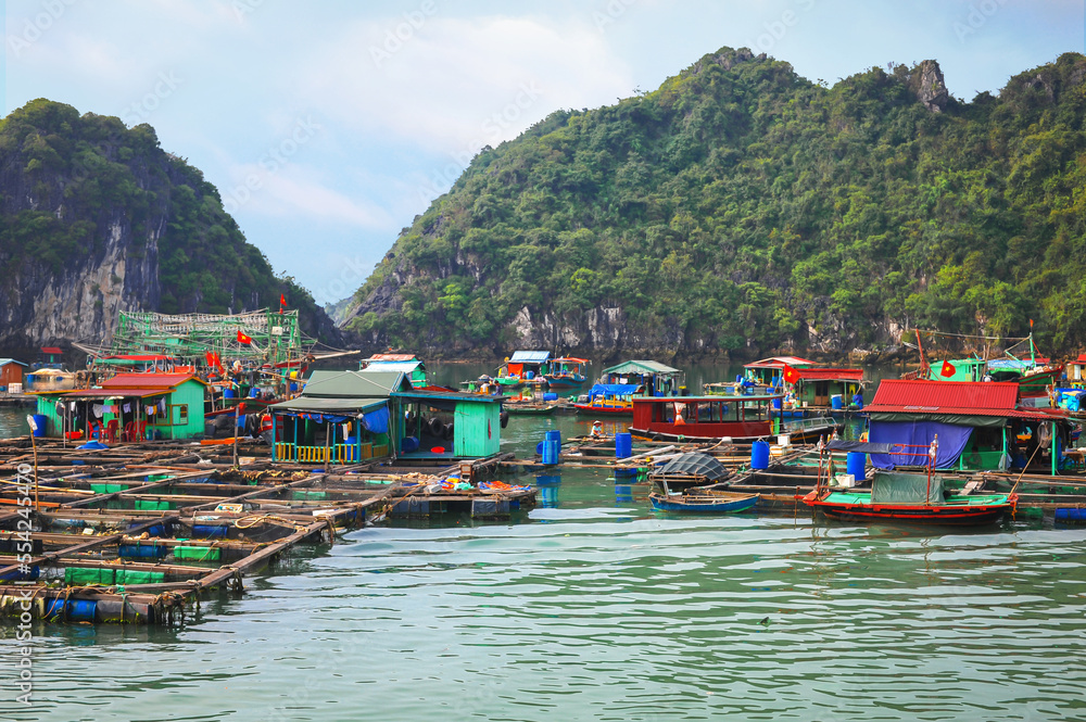 floating fishing village between the rocky islands of halong bay