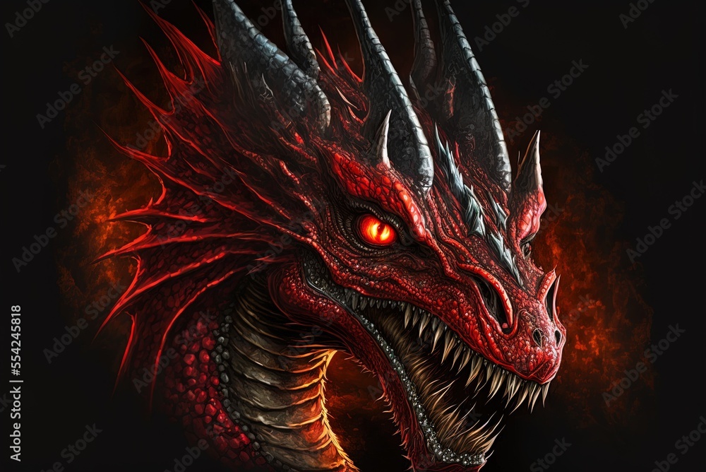 The cartoon depiction of a red dragon's head. Generative AI Stock