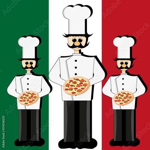 Italian chef with delicious pizza in the hand on italy flag background. The cook in the white chef's hat. A person in his hands with a pizza margarita. Banner for pizzeria.