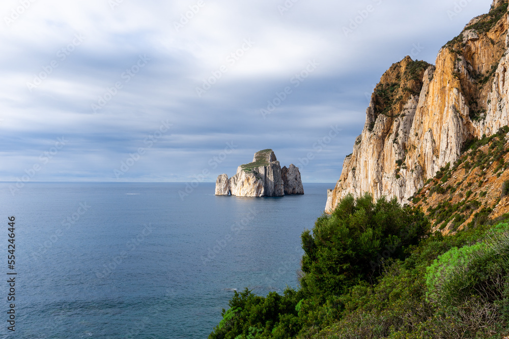 landscape of the cliffs and sea stacks at Porto Flavia on Sardinia