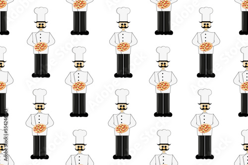 Seamless pattern with italian chef with delicious pizza in the hand. The cook in the white chef's hat. A person in his hands with a pizza margarita. Banner for pizzeria.