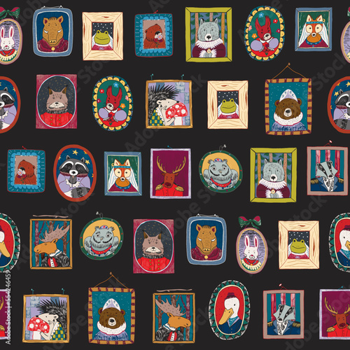 Animal portrait gallery vector seamless pattern.