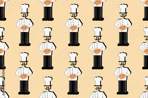 Seamless pattern with italian chef with delicious pizza in the hand. The cook in the white chef's hat. A person in his hands with a pizza margarita. Banner for pizzeria.