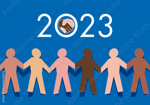 Carte de vœux 2023, sur le concept de la fraternité entre les races, avec le symbole de gens d’origines ethniques différentes, qui se donnent la main pour lutter contre le racisme.