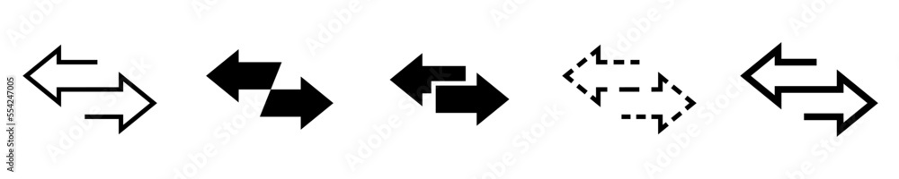 Conjunto de iconos de doble flecha. Flechas opuestas izquierda y derecha. Concepto de invertir sentido, intercambiar, cambio. Ilustración vectorial Conjunto de iconos de doble flecha. Flechas opuestas izquierda y derecha. Concepto de invertir sentido, intercambiar, cambio. Ilustración vectorial