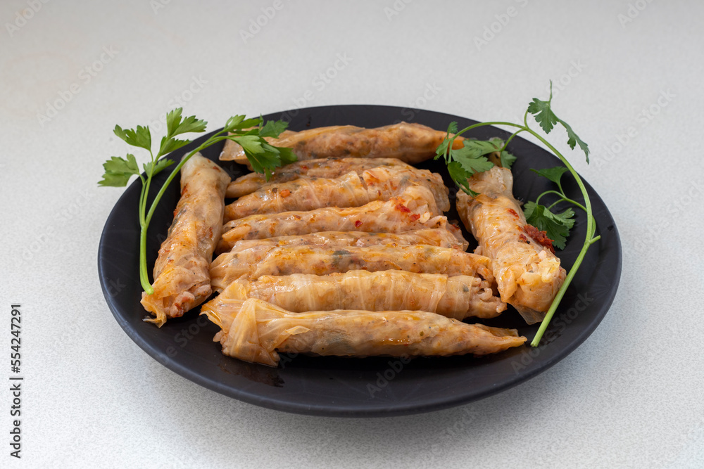 Lahana Sarma, Turkish traditional food,a boiled cabbage leaf that is formed into a roll with a stuffing of rice