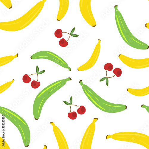 illustrazione con ripetizione seamless di ciliege, banane gialle e verdi su sfondo trasparente