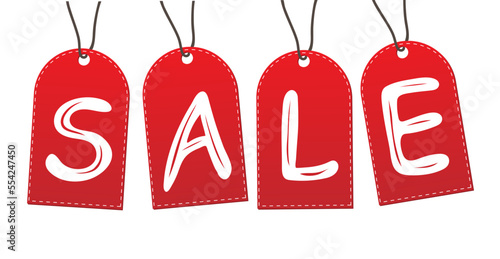 Red hanging sales tags. Promotion or discount concept. Vector illustration
