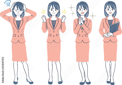 ビジネススーツの女性　表情ポーズの全身イラストセット（悩む　ガッツポーズ　憧れ　笑顔）
