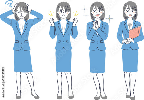 ビジネススーツの女性　表情ポーズの全身イラストセット（悩む　ガッツポーズ　憧れ　笑顔）