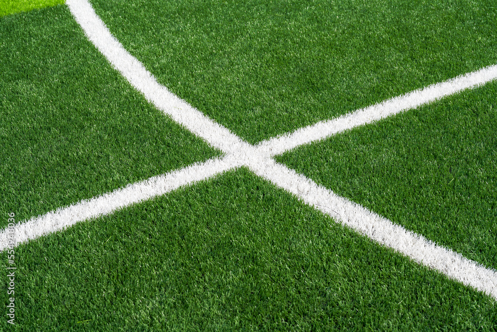 Close-up of the goal and touchline of a brand new football stadium